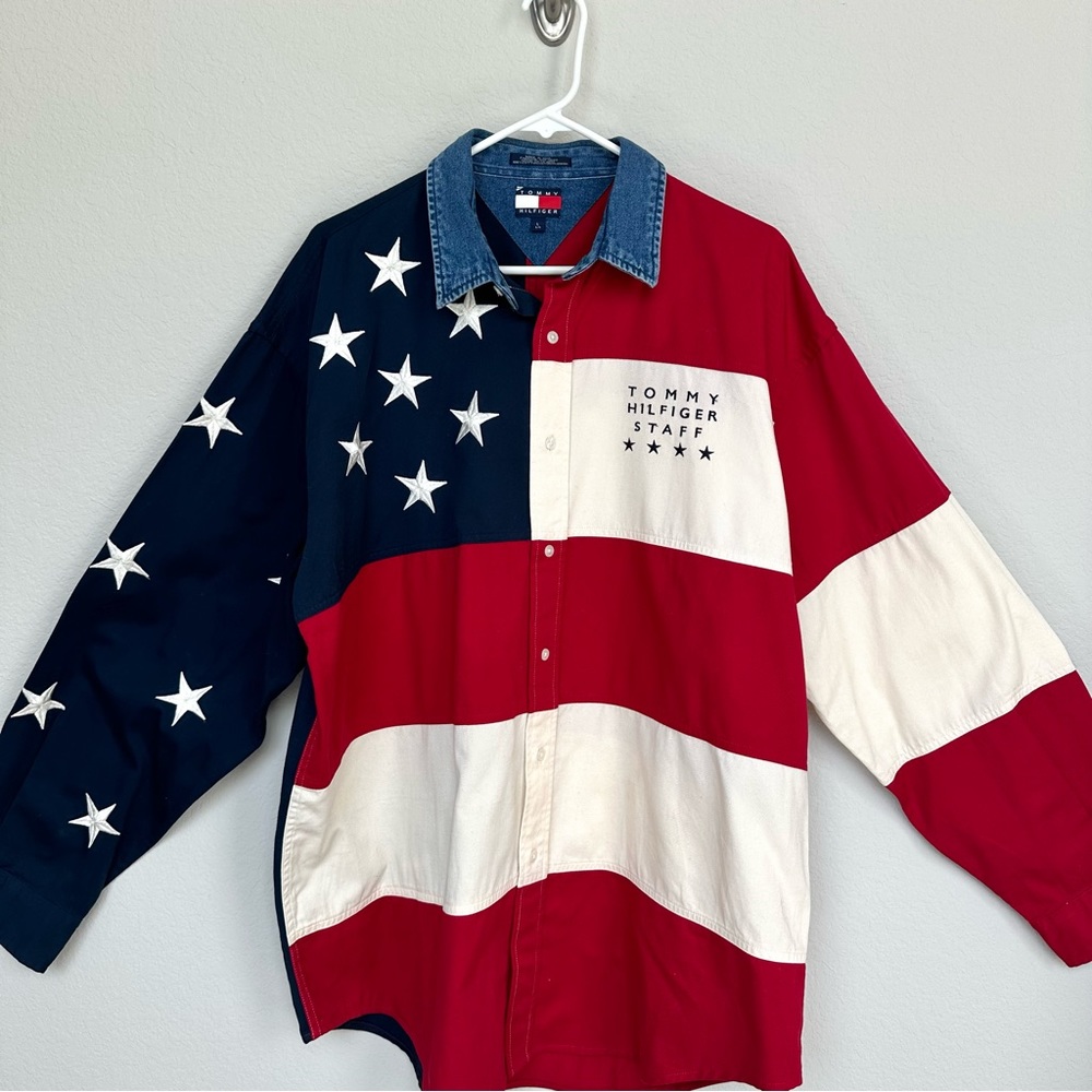 Tommy Hilfiger Vintage Men’s Staff Button Up USA Flag Oversized Shirt L